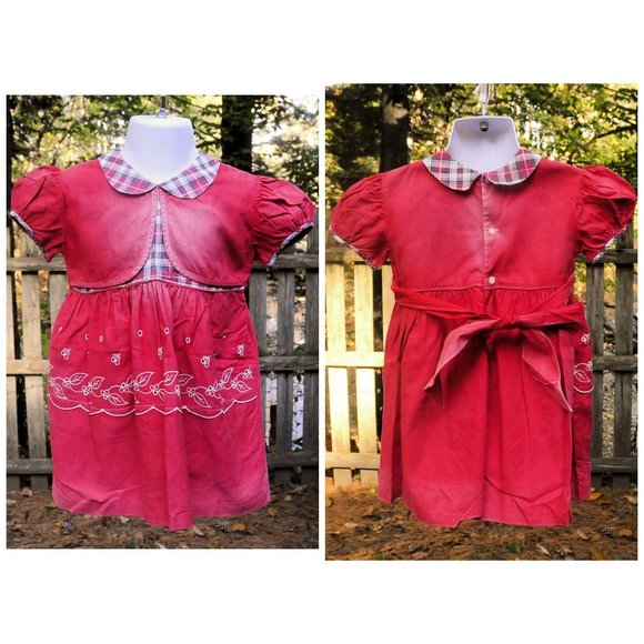 VTG 60's Girls Red Cotton & Plaid School Dress Size 12/18M Eyelet Floral Design - Picture 2 of 10